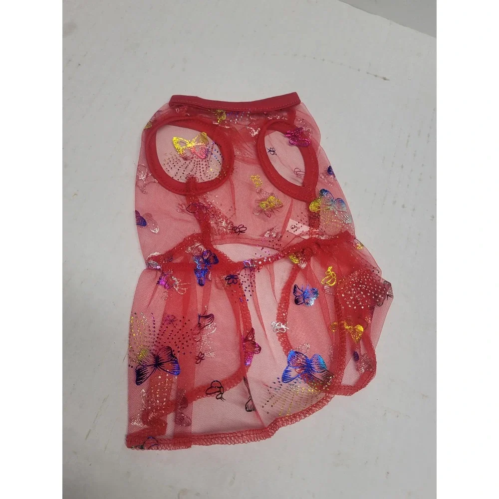 Red Mesh Butterfly Print‎ Pet Dress Small Ruffled Sheer Dog Cat Clothes